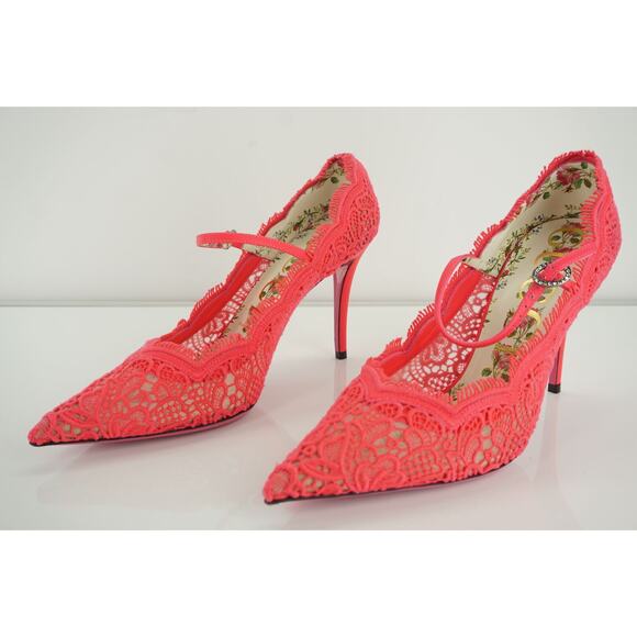 Gucci Virgina 95 Pink Lace Pointed Toe Pumps MJ Strap Size 39.5 NIB $1100 Neon - Picture 2 of 11